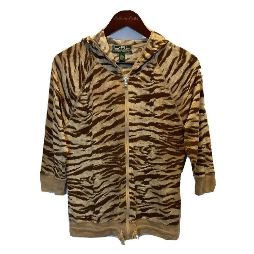Lauren Ralph Lauren Zebra Print Zip Hoodie Jacket Womens Sz L Brawn Tan U